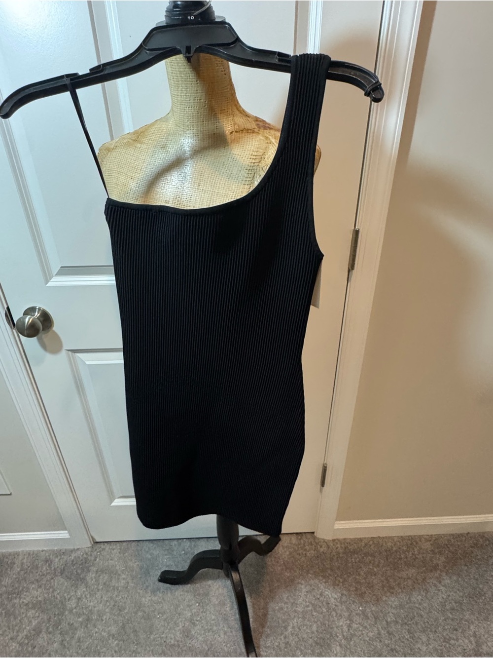 Babaton One-Shoulder Black Ribbed Mini Dress S